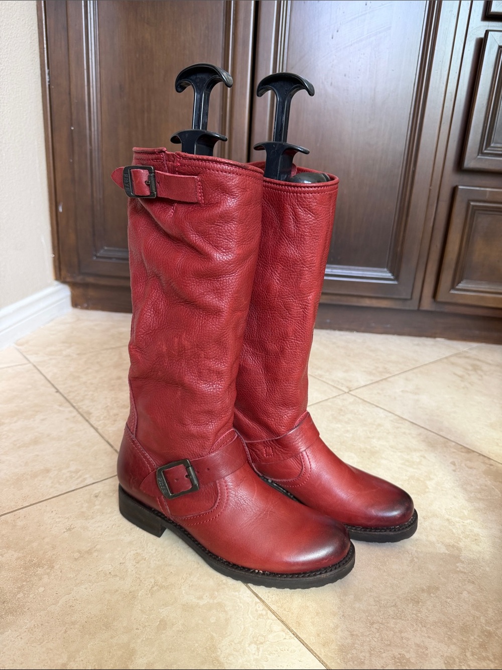 Frye Red Leather Mid-Calf Buckle Riding Boots